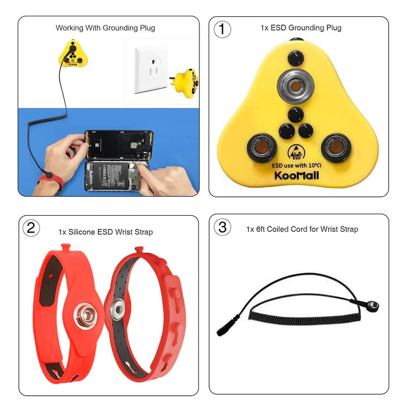 KooMall 2 in 1, Anti-Allergic ESD Wrist Straps (Red) & Grounding Plug, Easy to Ground by Outlet Socket for Static Control, Anti Static Silicon Bracelet Wristband Earth Bonding Plug for Rubber Mat - Image 5